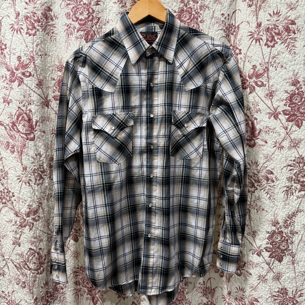 Plains Western Wear Plaid Snap Shirt Gray Tan Size Medium